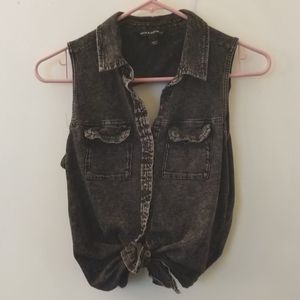 Button down, dark red tank